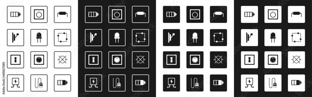 Set Resistor electricity, Light emitting diode, Electrical panel, Battery charge level indicator, circuit scheme, light switch, and icon. Vector Set Resistor electricity, Light emitting diode, Electrical panel, Battery charge level indicator, circuit scheme, light switch, and icon. Vector