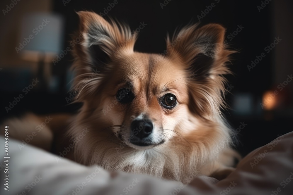 Adorable Dog Relaxing on Bed in Cozy Bedroom with Copy Space. Pet and Home Interior Concept. Generative AI illustrations. Adorable Dog Relaxing on Bed in Cozy Bedroom with Copy Space. Pet and Home Interior Concept. Generative AI illustrations.