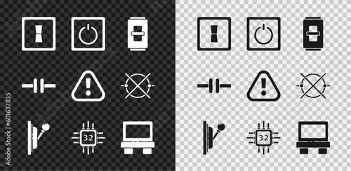 Set Electric light switch, Electrical panel, Processor with microcircuits CPU, Fuse, scheme and Exclamation mark in triangle icon. Vector