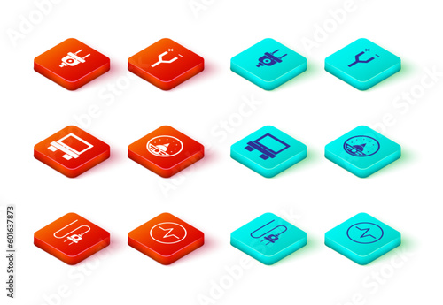Set Electric plug, circuit scheme, Fuse, Ampere meter, multimeter, voltmeter, cable and icon. Vector