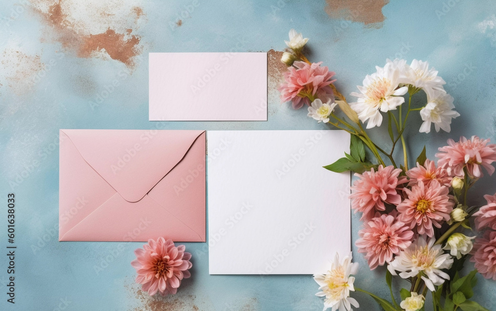Stationery flatlay with pink floral decor on rustic blue surface, blank paper invitation, letter or gift card and blooming flowers, empty copyspace for mockup, generative AI