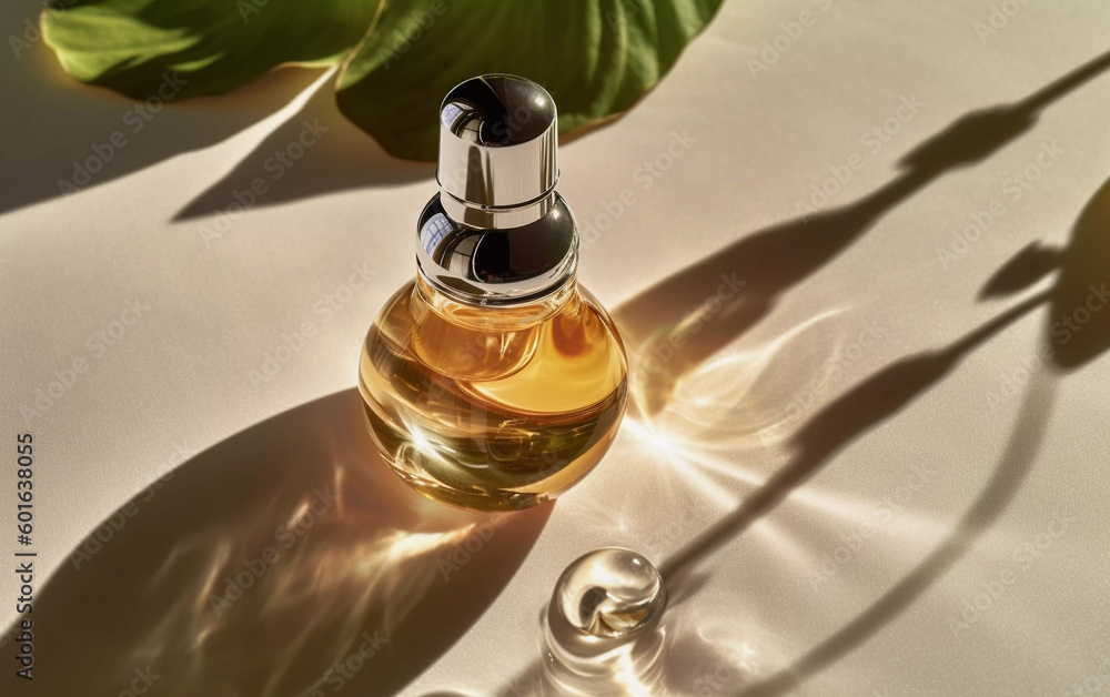 Luxury skin care serum and droplet on light surface with botanical greenery, Generative AI Luxury skin care serum and droplet on light surface with botanical greenery, Generative AI
