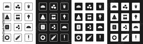Set Grilled shish kebab, Street stall with awning, Onigiri, Taco tortilla, Ice cream waffle cone, Apple, and Hard bread chucks crackers icon. Vector