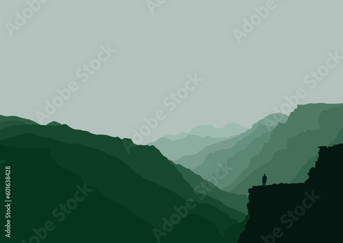 Mountain landscape with a man on the edge of a cliff. Vector illustration in flat style.