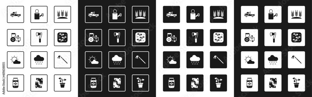 Set Wheat, Wooden axe, Tractor, Pickup truck, Plant, Watering can, Garden hoe and Sun and cloud weather icon. Vector Set Wheat, Wooden axe, Tractor, Pickup truck, Plant, Watering can, Garden hoe and Sun and cloud weather icon. Vector