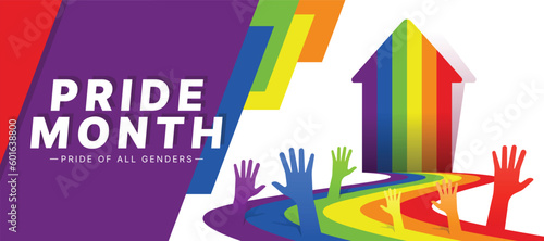 Pride month, pride of all genders text Raised hands on rainbow arrow curve and up vector design
