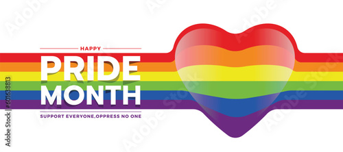 Happy Pride month text and horizontal pride rainbow flag with heart shape vector design