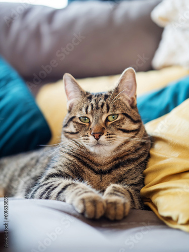 Cute tubby cat on a yellow and blue pillows. Pet relaxing time. Selective focus. Animal life.