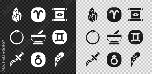 Set Magic stone, Aries zodiac, Ancient magic scroll, Dagger, Mars, Feather pen, Ouroboros and Mortar and pestle icon. Vector