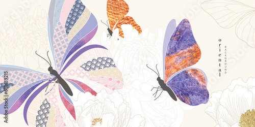 Asian background ,Oriental Chinese and Japanese style abstract pattern background design with butterfly decorate in water color texture