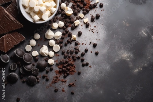 Banner with ingredients for cooking hot chocolate. White, milk and dark chocolate chips. Over gray background, copy space,Generative AI.