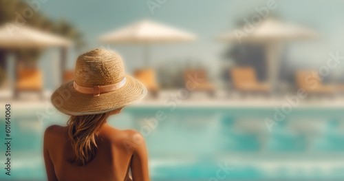 Back view of young stylish woman with long blond hair wearing straw hat on her vacation at a beautiful resort, standing by a warm summer swimming pool with blue water on a sunny day. Vacation © annebel146