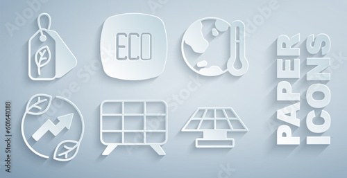 Set Solar energy panel, Earth melting to global warming, Electric saving plug leaf, Leaf Eco symbol and Tag with icon. Vector
