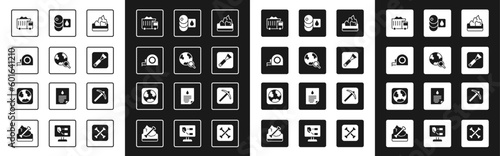 Set Ore mining, Magnifying glass with globe, Roulette construction, Mining dump truck, Paint brush, Barrel oil, Pickaxe and Earth icon. Vector