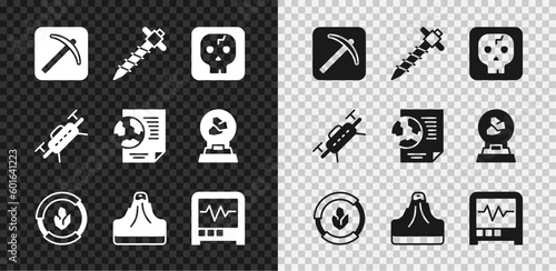 Set Pickaxe, Construction jackhammer, Archeology, Soil analysis, Volcano, Seismograph, Drone and Earth globe with document icon. Vector