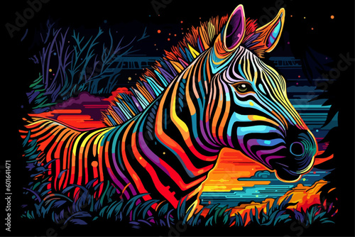 Portrait of a Zebra in the savannah  black vignette  woodcarving style in neon colors