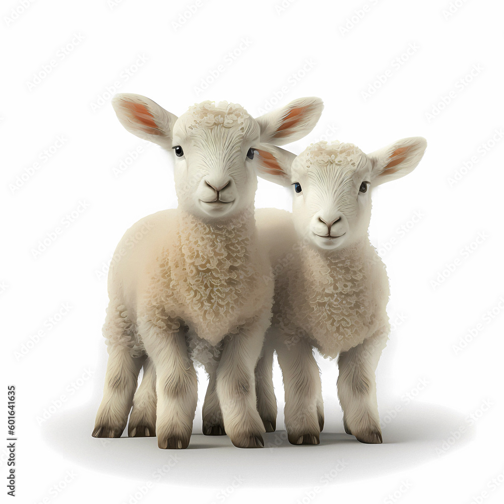 Fototapeta premium Lamb (Ovis gmelini aries) or juvenile sheep, Easter lamb, against white background, Ai generated