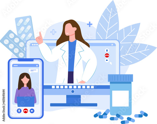 Medical worker in white medic coat calling to patient on laptop, consulting online concept