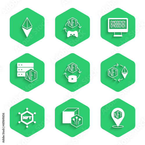 Set NFT Digital crypto art, Ethereum exchange, blockchain technology, Binary code and ETH icon. Vector