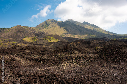 Trip to Batur volcano on Bali, Indonesia. Black lava sand and green plants