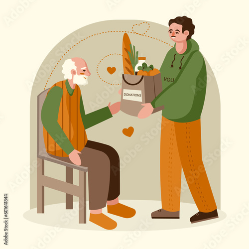 Volunteer delivers groceries to old man. Support for old and sick people