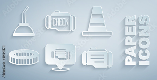 Set Check engine, Traffic cone, Car air filter, and Canister for motor machine oil icon. Vector