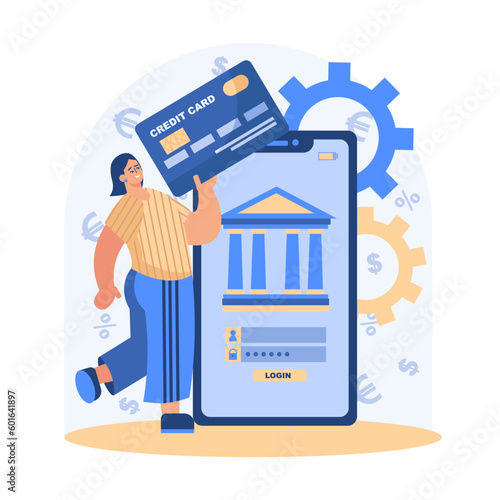 Young lady in sport clothes standing near mobile phone and holding big credit card