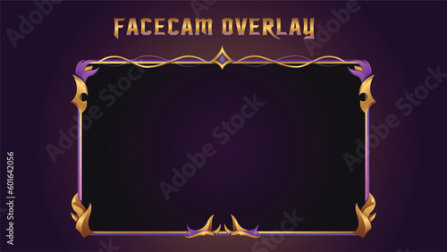 face cam overlay png for fantasy game lovers to show on live streams. Can be used as a panel or banner for royal themed posters or other luxury premium graphics. Purple and gold border old frame