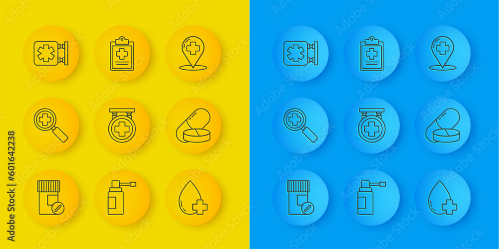 Set line Medicine bottle and pills, Hospital signboard, Donate drop blood with cross, tablet, Medical symbol of the Emergency, Map pointer hospital and clipboard clinical record icon. Vector Set line Medicine bottle and pills, Hospital signboard, Donate drop blood with cross, tablet, Medical symbol of the Emergency, Map pointer hospital and clipboard clinical record icon. Vector