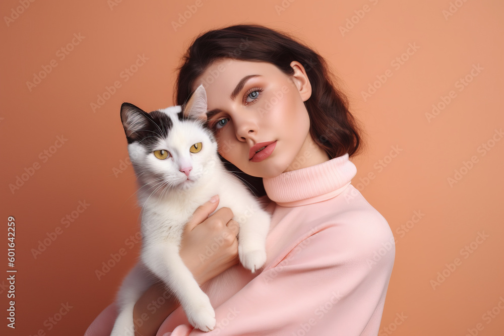 young attractive woman hugging cat in hands, color trendy background. Generative AI young attractive woman hugging cat in hands, color trendy background. Generative AI