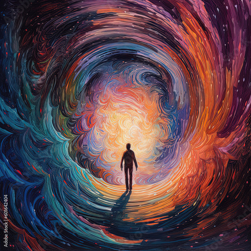 Person in a vortex, tunnel to a new life or heaven. Concept of soul life after death. Starting something new. Spirituality, incarnation and karma. Generative AI.