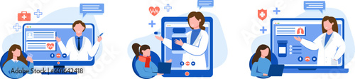 Set of medical workers helping patients online. Consultation and treatment
