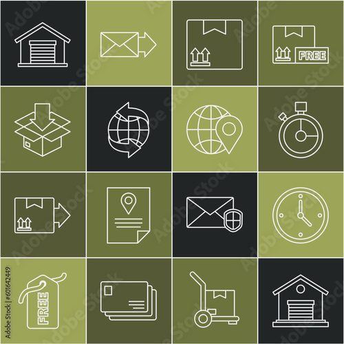 Set line Warehouse, Fast time delivery, Cardboard box with traffic symbol, Worldwide, and Location on the globe icon. Vector