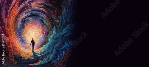 Person in a vortex, tunnel to a new life or heaven. Concept of soul life after death. Starting something new. Spirituality, incarnation and karma. Generative AI.