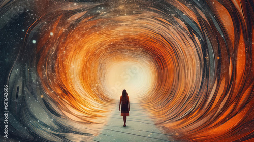 Person in a vortex, tunnel to a new life or heaven. Concept of soul life after death. Starting something new. Spirituality, incarnation and karma. Generative AI.