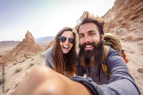 Happy couple of travelers taking selfie photo. Young man and woman having fun in summer vacation. Generative AI