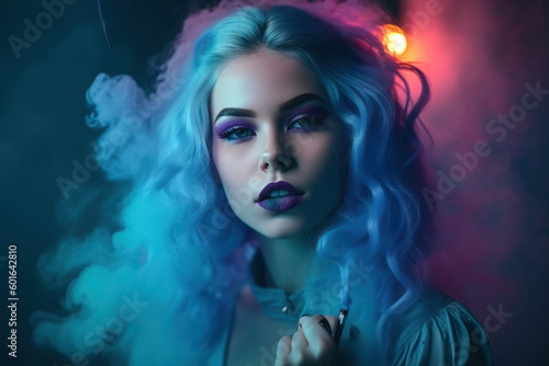 Fashion art portrait of beauty model woman in neon lights with colourful smoke. Smoking girl, portrait female. Night life concept. Generative ai
