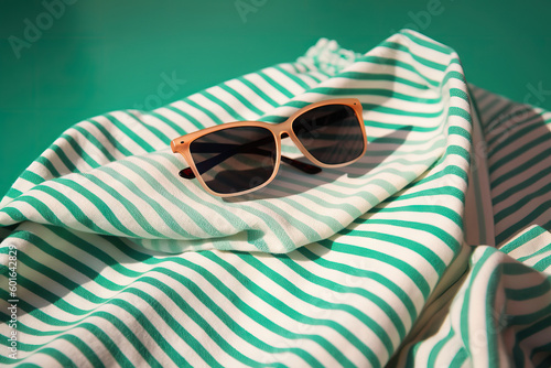 Close-up of a pair of sunglasses on a green and white striped fabric background - Generative AI