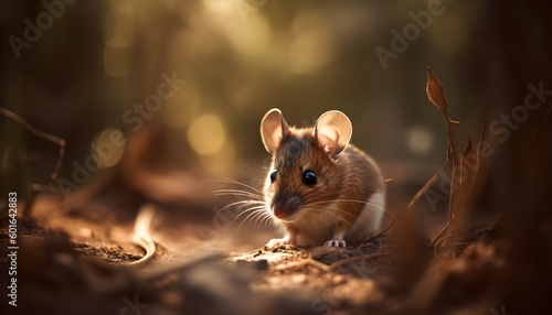 Wild Wood mouse on the forest floor with lush vegetation. Generative AI illustration photo