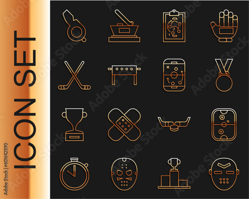 Set line Hockey mask, Air hockey table, Medal, Planning strategy, Ice sticks, Whistle and icon. Vector