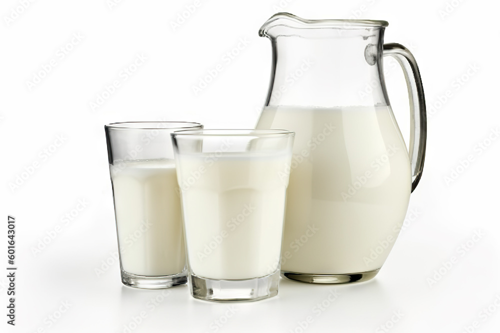Natural Whole Milk: Milk Jugs and Glasses Isolated on White Background. created with Generative AI Natural Whole Milk: Milk Jugs and Glasses Isolated on White Background. created with Generative AI