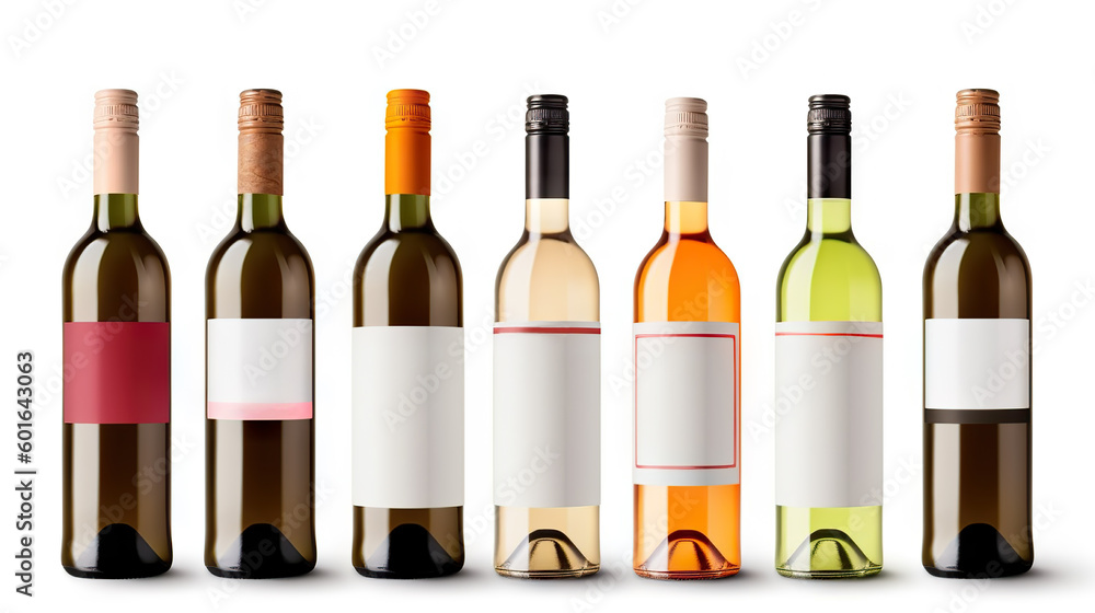 Collection of blank wine bottles mockup on white background for product branding and advertising. created with Generative AI Collection of blank wine bottles mockup on white background for product branding and advertising. created with Generative AI
