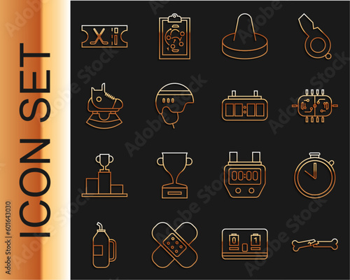 Set line Human broken bone, Stopwatch, Hockey table, Mallet for playing air hockey, helmet, Skates, sports ticket and mechanical scoreboard icon. Vector