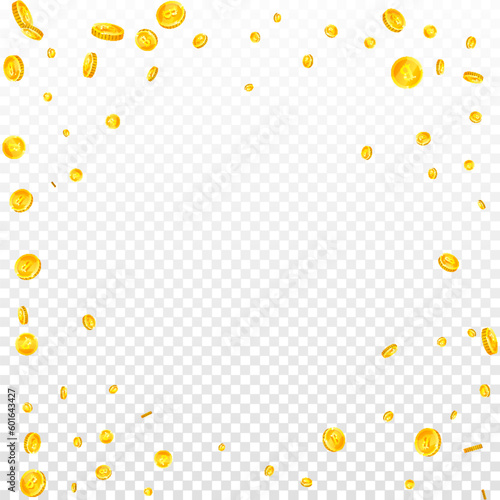 Bitcoin coins falling. Cryptocurrency scattered