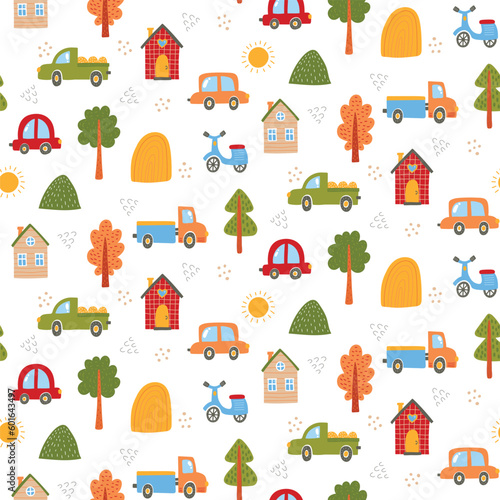 Cute cars trees houses childish colorful flat cartoon seamless vector pattern. 