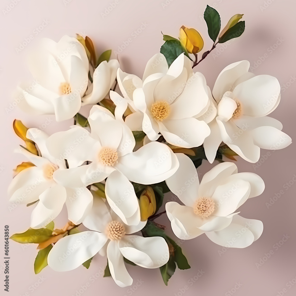 Bouquet Of White Magnolia Flat Lay Top View Illustration