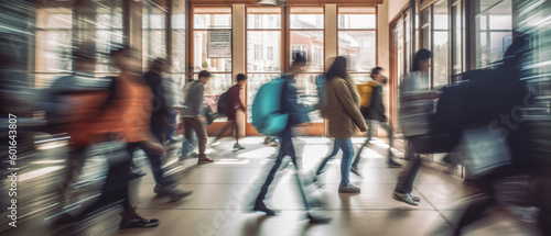 blurred group of young students going to class in fast movement, Generative AI
