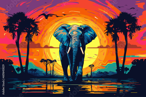 African elephant in the savannah at a waterhole during sunset, woodcarving style in neon colors