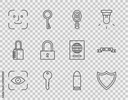 Set line Eye scan, Shield, Car key with remote, Key, Face recognition, Lock, Bullet and Thief eye mask icon. Vector
