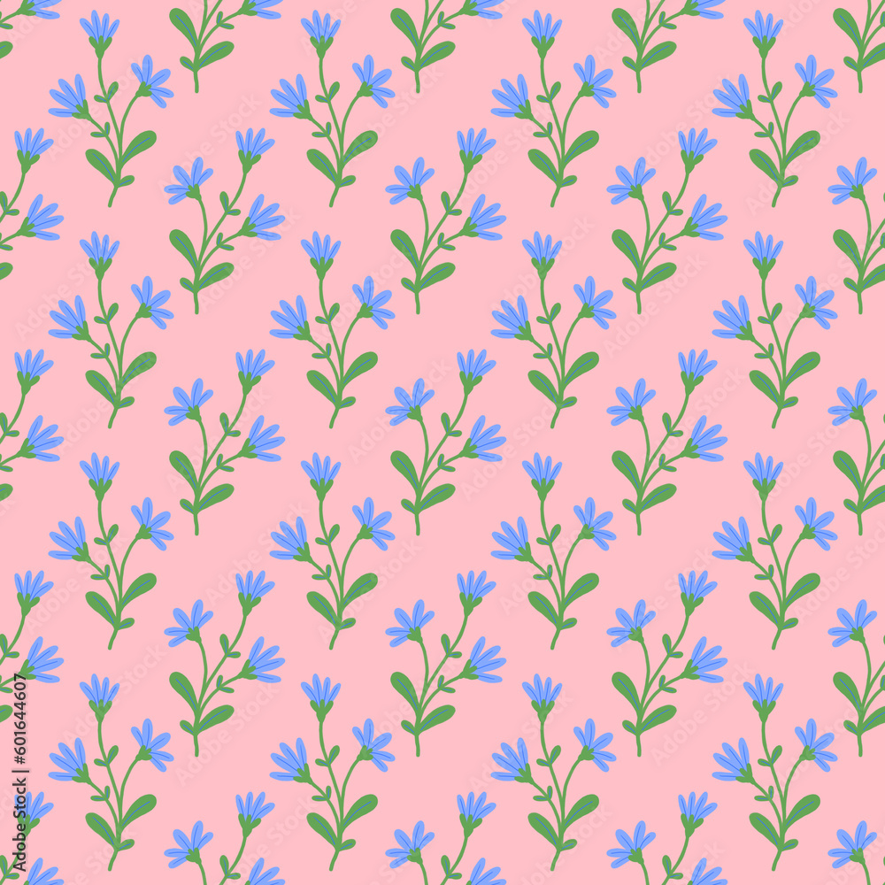 Seamless floral pattern on white. Blue flowers background. Meadow wallpaper illustration.